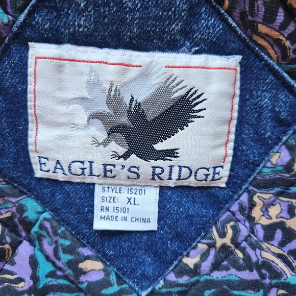 Vintage Eagle's Ridge Acid Denim Faux Leather Trim Bomber Jacket Quilt-Lining - Picture 11 of 12